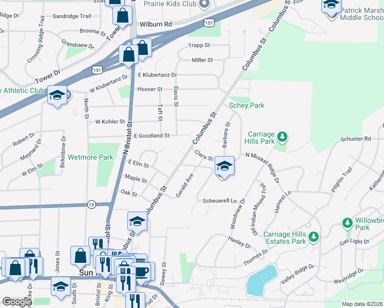 map of restaurants, bars, coffee shops, grocery stores, and more near 316 James Court in Sun Prairie