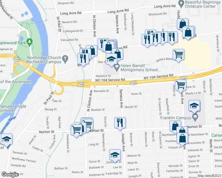 map of restaurants, bars, coffee shops, grocery stores, and more near 100 Resolute Circle in Rochester