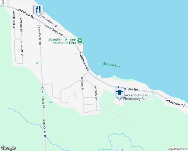 map of restaurants, bars, coffee shops, grocery stores, and more near 7109 Lakeshore Road in Cicero