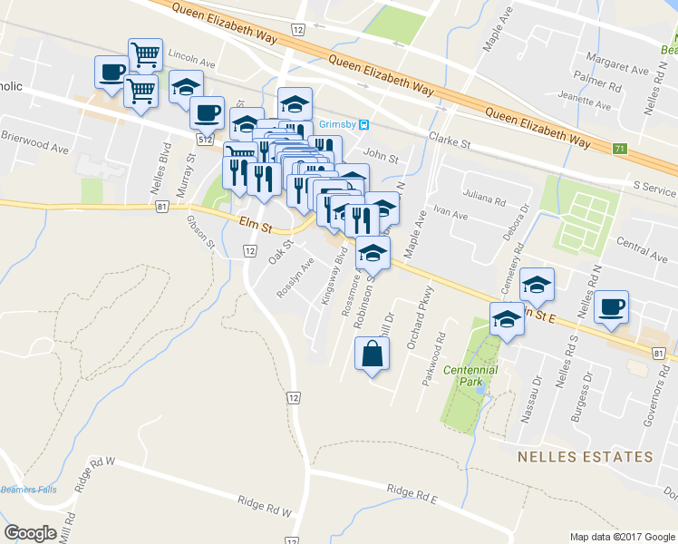 map of restaurants, bars, coffee shops, grocery stores, and more near 11 Kingsway Boulevard in Grimsby