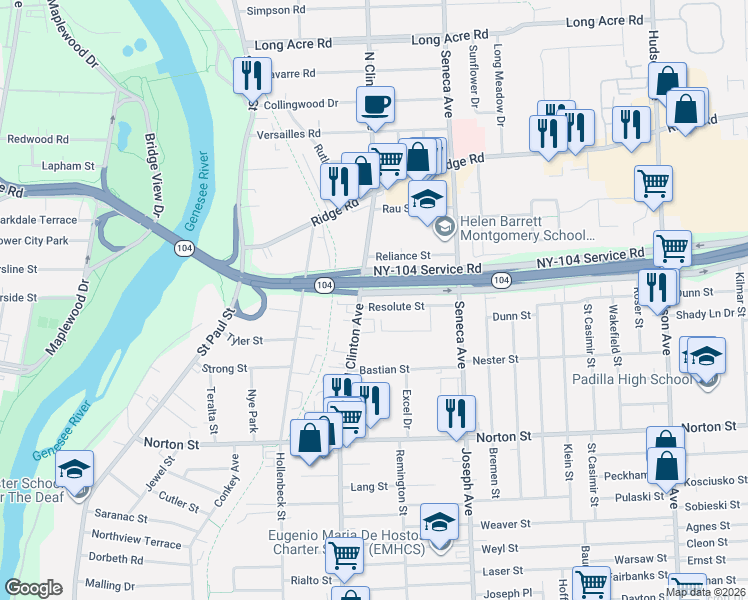 map of restaurants, bars, coffee shops, grocery stores, and more near 1665 North Clinton Avenue in Rochester