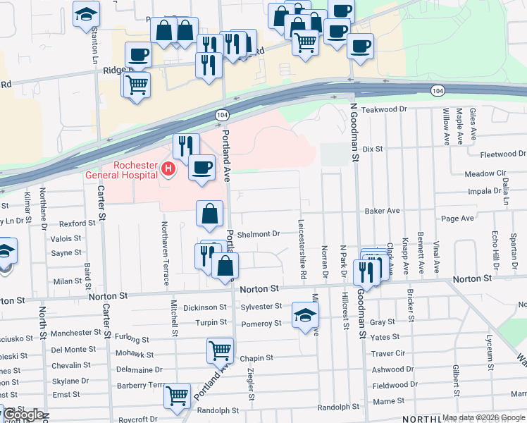 map of restaurants, bars, coffee shops, grocery stores, and more near 1 Portland Parkway in Rochester