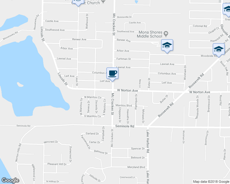 map of restaurants, bars, coffee shops, grocery stores, and more near 3410 Mc Cracken Street in Norton Shores