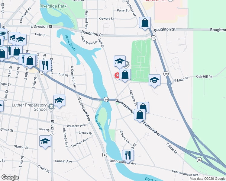 map of restaurants, bars, coffee shops, grocery stores, and more near 110 Hall Street in Watertown