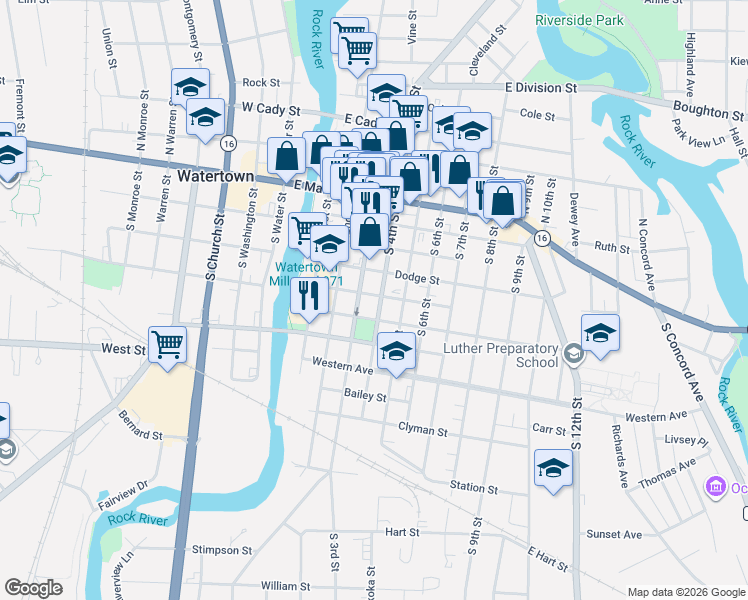 map of restaurants, bars, coffee shops, grocery stores, and more near 500 South 4th Street in Watertown