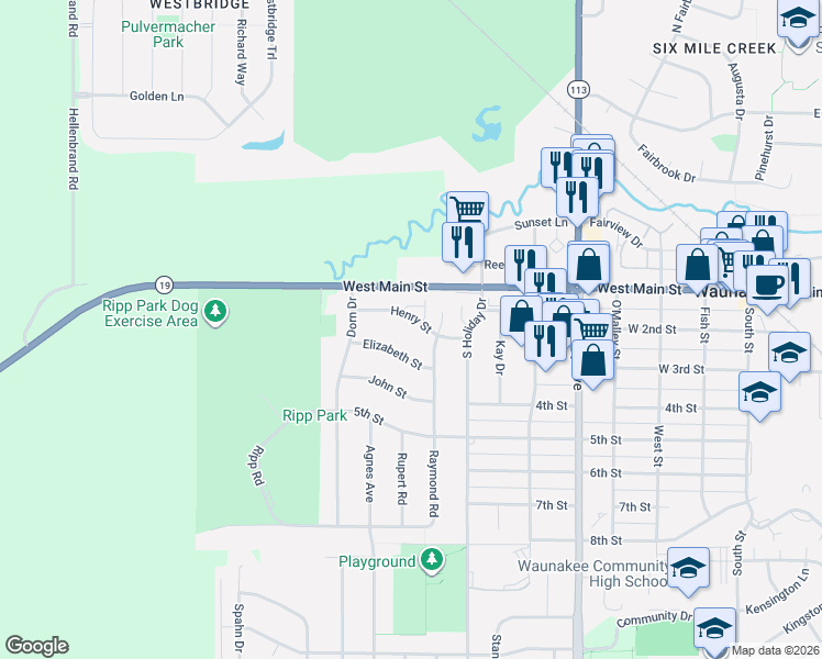 map of restaurants, bars, coffee shops, grocery stores, and more near 812 Henry Street in Waunakee