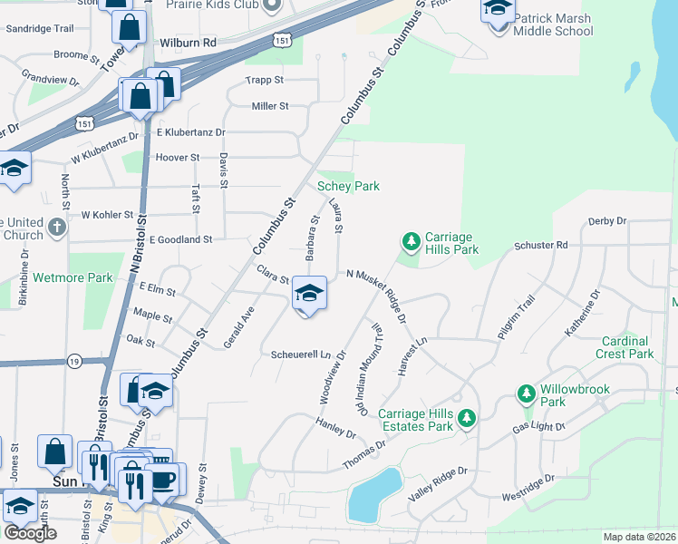 map of restaurants, bars, coffee shops, grocery stores, and more near 810 Laura Street in Sun Prairie