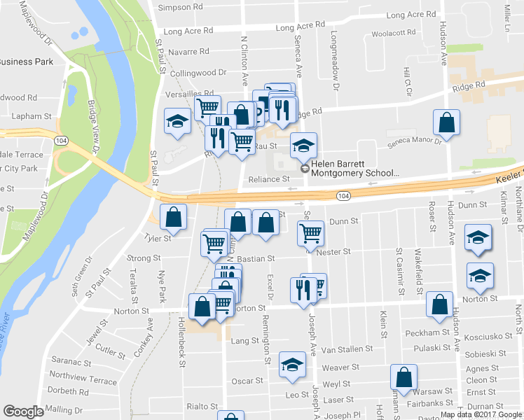map of restaurants, bars, coffee shops, grocery stores, and more near 54 Resolute Street in Rochester