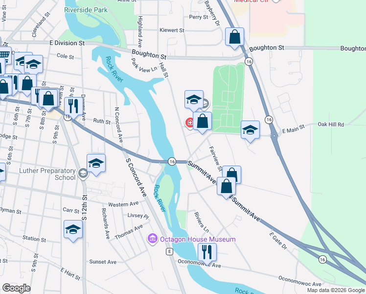 map of restaurants, bars, coffee shops, grocery stores, and more near 110 Hall Street in Watertown