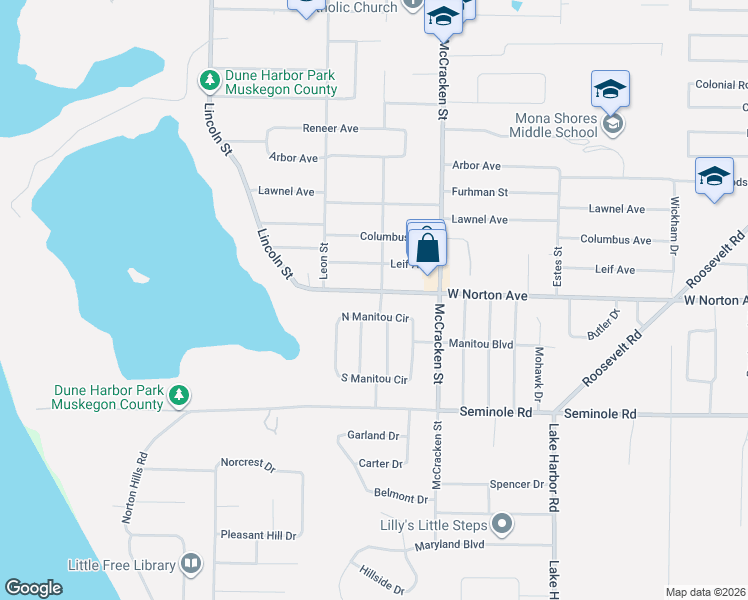 map of restaurants, bars, coffee shops, grocery stores, and more near 2115 West Norton Avenue in Norton Shores