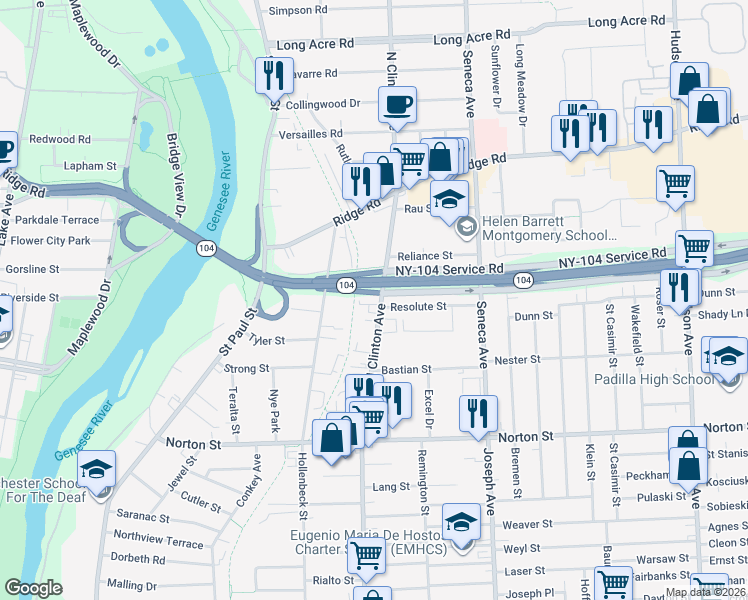 map of restaurants, bars, coffee shops, grocery stores, and more near 1665 North Clinton Avenue in Rochester