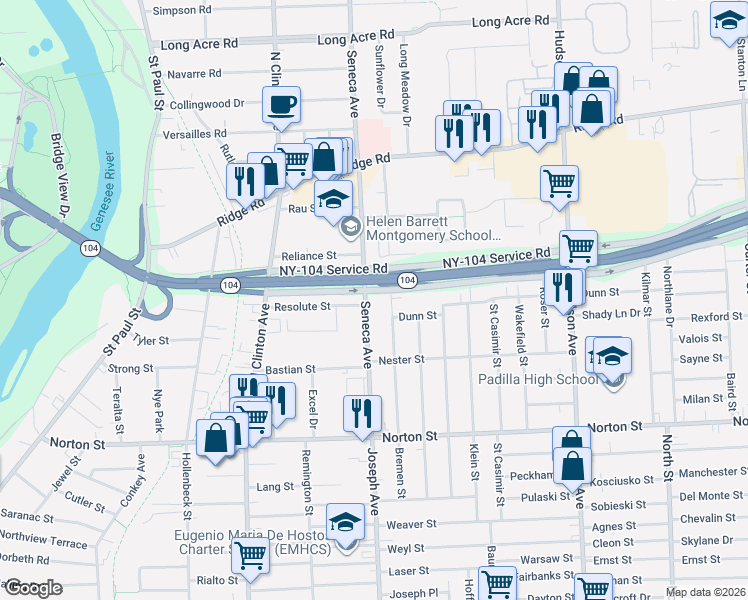 map of restaurants, bars, coffee shops, grocery stores, and more near 206 Seneca Avenue in Rochester