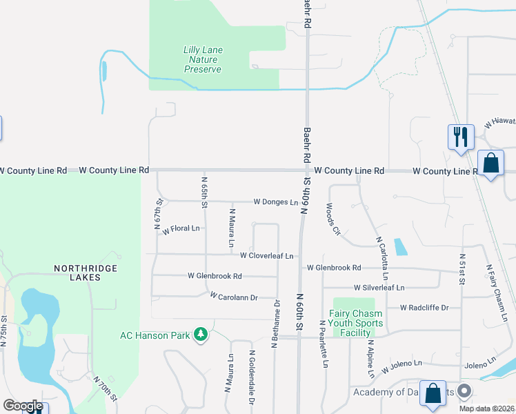 map of restaurants, bars, coffee shops, grocery stores, and more near 6207 West Donges Lane in Brown Deer