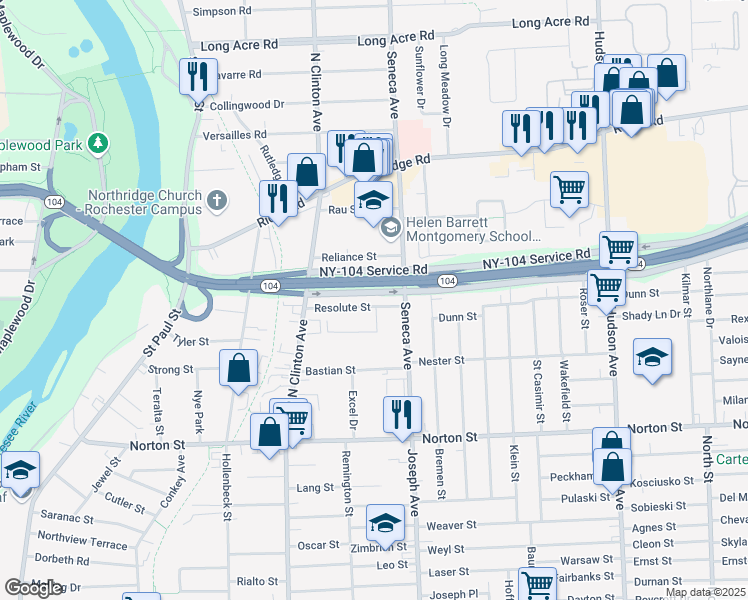 map of restaurants, bars, coffee shops, grocery stores, and more near 106 Resolute Street in Rochester