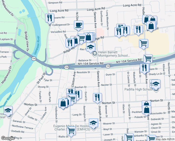 map of restaurants, bars, coffee shops, grocery stores, and more near 106 Resolute Street in Rochester