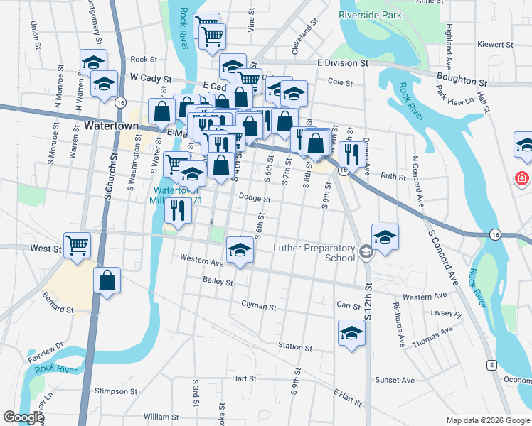 map of restaurants, bars, coffee shops, grocery stores, and more near 410 South 7th Street in Watertown