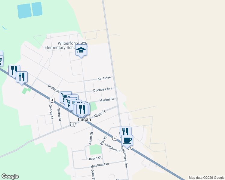 map of restaurants, bars, coffee shops, grocery stores, and more near 99 Duchess Avenue in Lucan