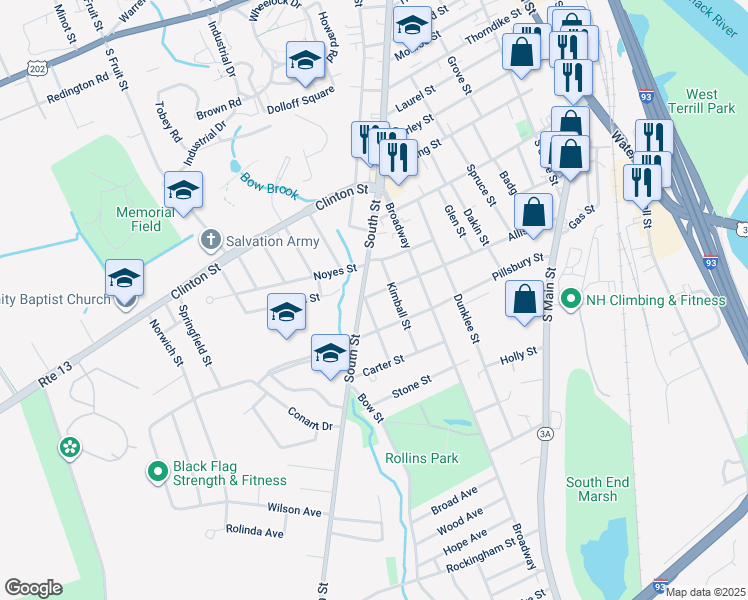 map of restaurants, bars, coffee shops, grocery stores, and more near 1 Gilmore Street in Concord