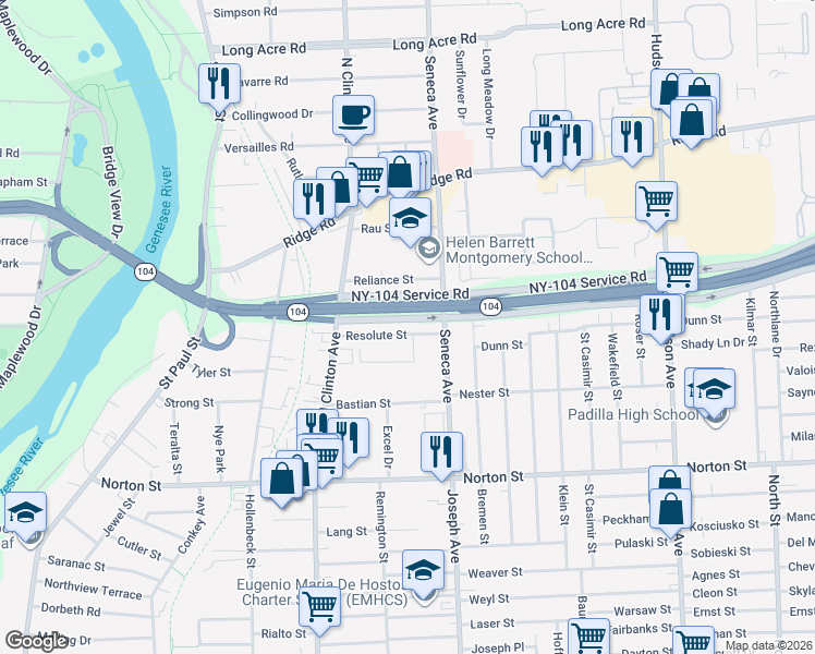 map of restaurants, bars, coffee shops, grocery stores, and more near 106 Resolute Street in Rochester
