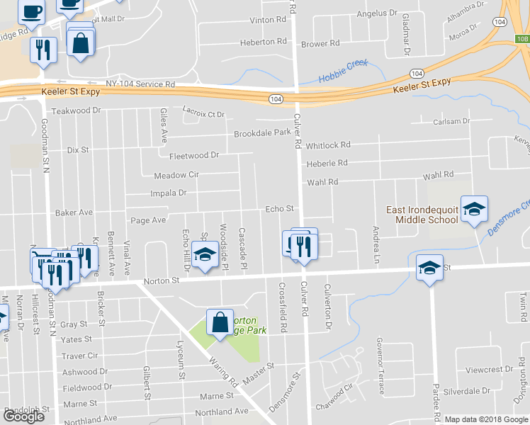 map of restaurants, bars, coffee shops, grocery stores, and more near 420 Bleacker Road in Rochester