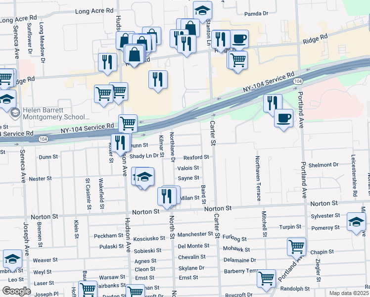 map of restaurants, bars, coffee shops, grocery stores, and more near 33 Van Olinda Street in Rochester