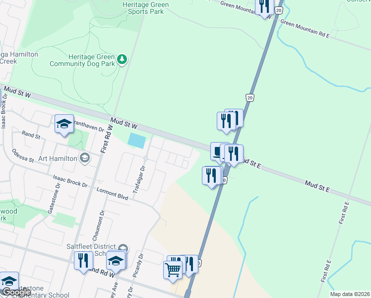 map of restaurants, bars, coffee shops, grocery stores, and more near 77 Penny Lane in Hamilton