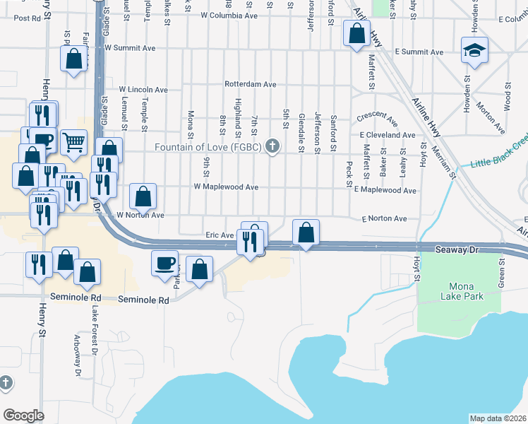 map of restaurants, bars, coffee shops, grocery stores, and more near 3375 6th Street in Muskegon Heights