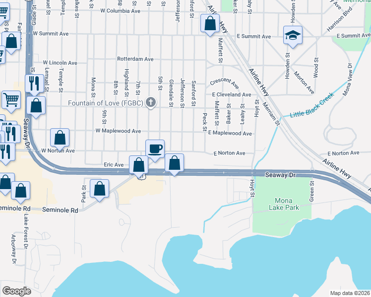 map of restaurants, bars, coffee shops, grocery stores, and more near 3375 Jefferson Street in Muskegon Heights