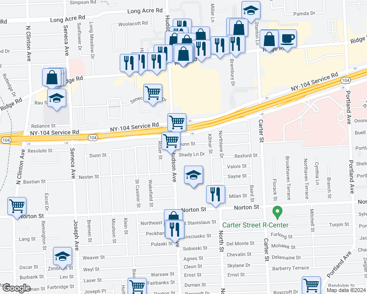 map of restaurants, bars, coffee shops, grocery stores, and more near 301 Dunn Street in Rochester