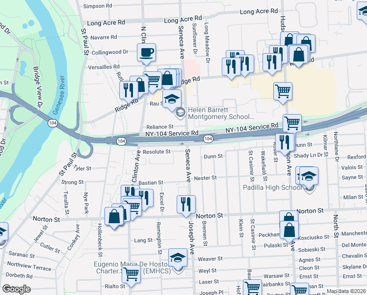 map of restaurants, bars, coffee shops, grocery stores, and more near 206 Seneca Avenue in Rochester