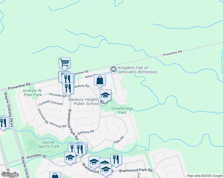 map of restaurants, bars, coffee shops, grocery stores, and more near 53 Coulbeck Road in Brantford