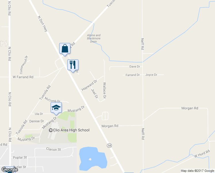 map of restaurants, bars, coffee shops, grocery stores, and more near 12496 Wallace Drive in Clio