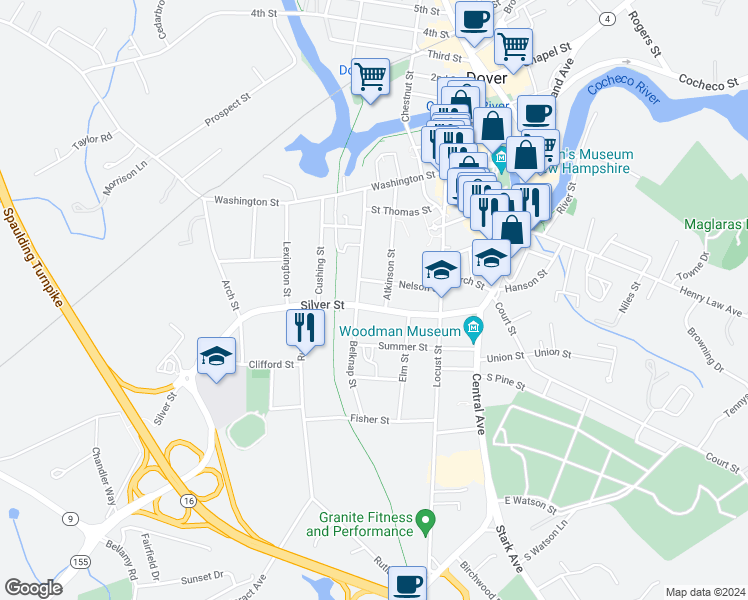 map of restaurants, bars, coffee shops, grocery stores, and more near 73 Atkinson Street in Dover