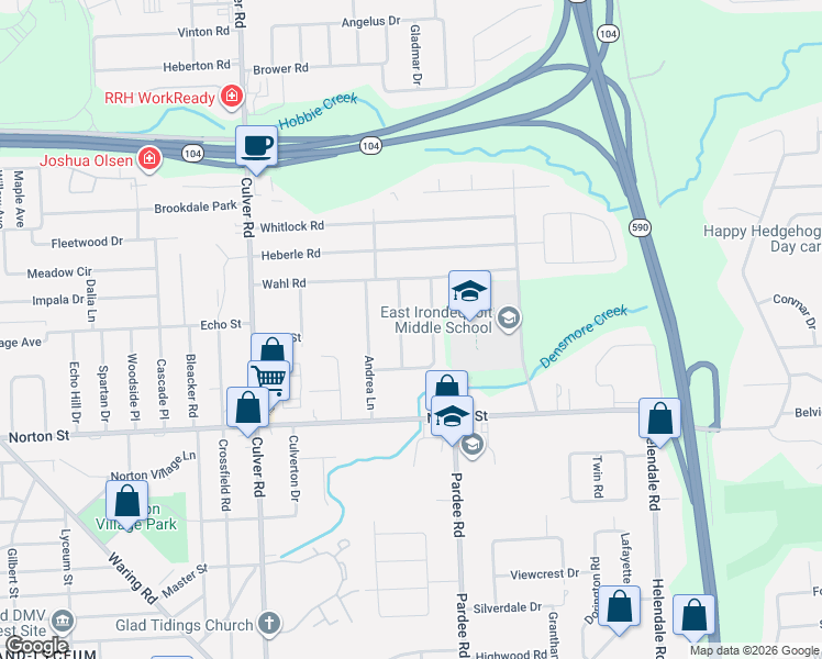 map of restaurants, bars, coffee shops, grocery stores, and more near 133 Auramar Drive in Rochester