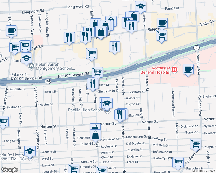 map of restaurants, bars, coffee shops, grocery stores, and more near 337 Dunn Street in Rochester