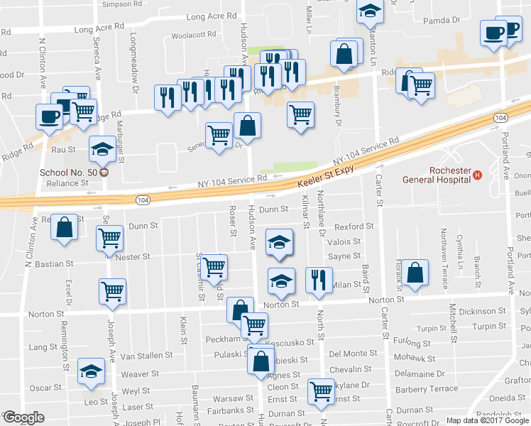 map of restaurants, bars, coffee shops, grocery stores, and more near in Rochester