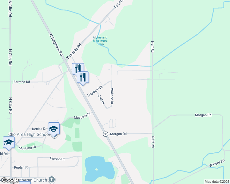 map of restaurants, bars, coffee shops, grocery stores, and more near 12496 Wallace Drive in Clio