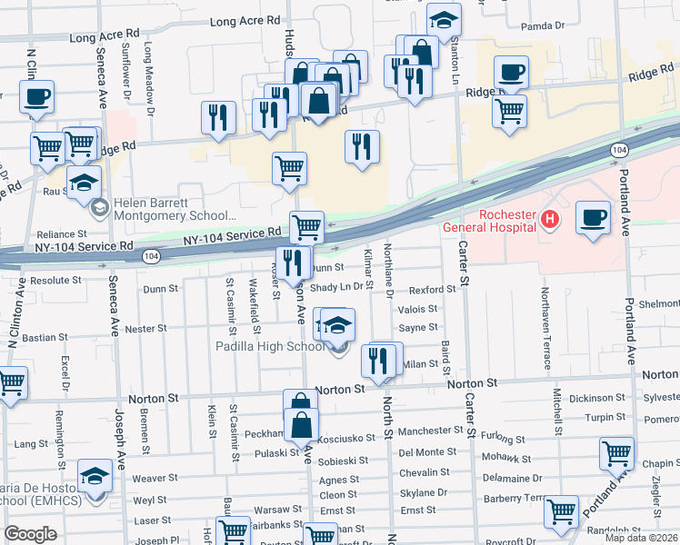 map of restaurants, bars, coffee shops, grocery stores, and more near 337 Dunn Street in Rochester