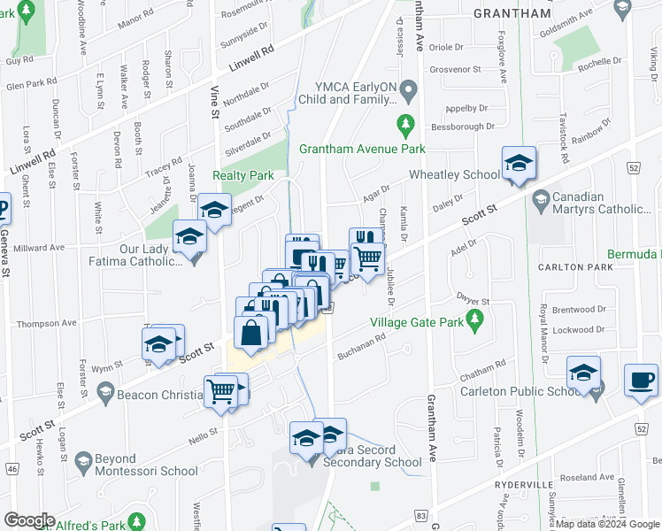 map of restaurants, bars, coffee shops, grocery stores, and more near 452 Niagara Street in St. Catharines