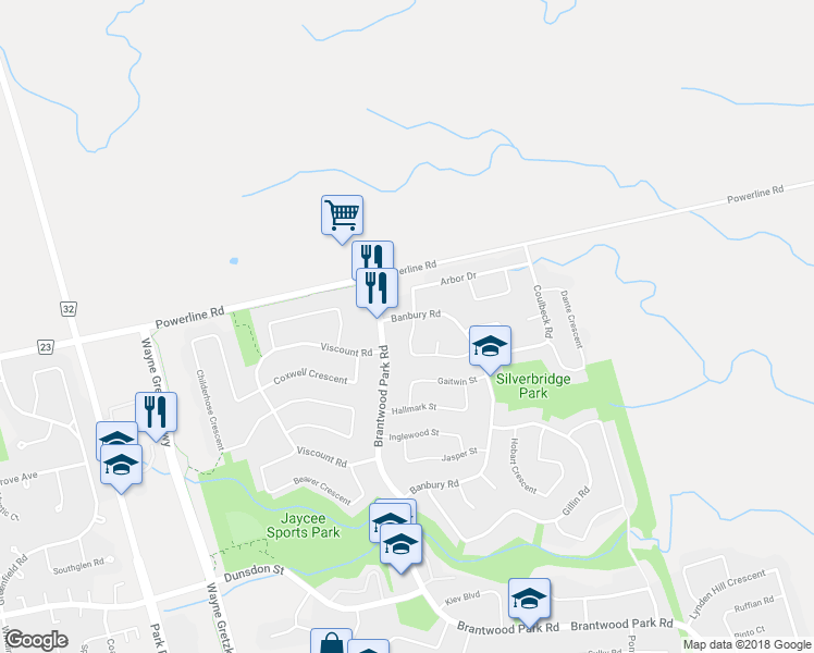 map of restaurants, bars, coffee shops, grocery stores, and more near 10 Enfield Crescent in Brantford