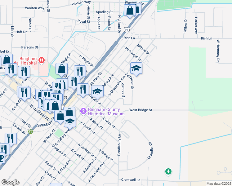 map of restaurants, bars, coffee shops, grocery stores, and more near 272 Jackson Street in Blackfoot