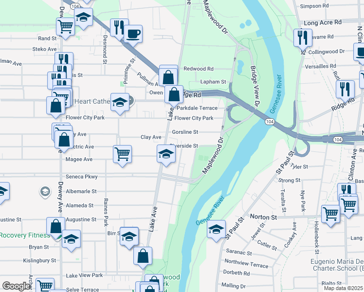 map of restaurants, bars, coffee shops, grocery stores, and more near Riverside Street & Maplewood Avenue in Rochester