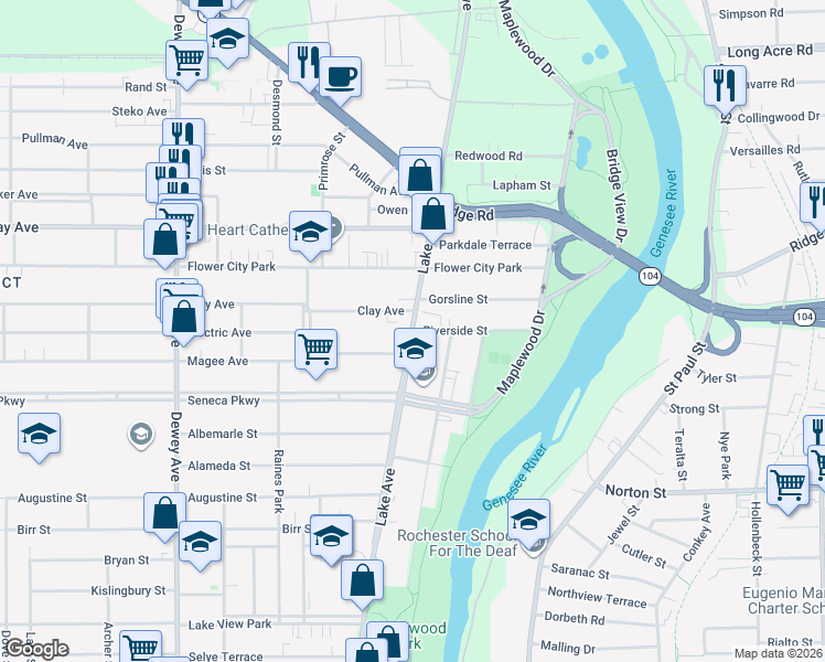 map of restaurants, bars, coffee shops, grocery stores, and more near Lake Ave & Riverside St in Rochester