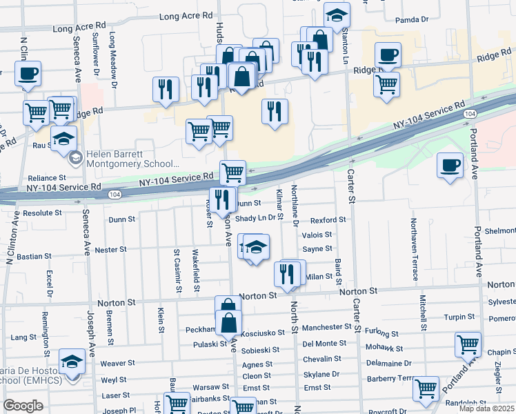 map of restaurants, bars, coffee shops, grocery stores, and more near 337 Dunn Street in Rochester