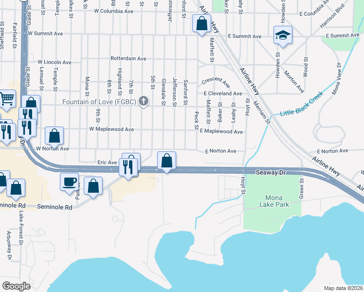 map of restaurants, bars, coffee shops, grocery stores, and more near 3374 Sanford Street in Muskegon Heights