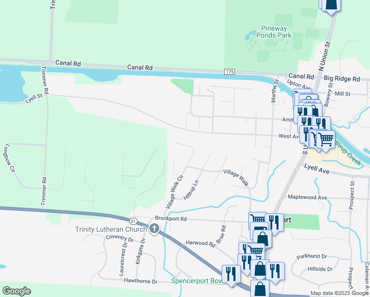 map of restaurants, bars, coffee shops, grocery stores, and more near 355 Village Walk Circle in Spencerport
