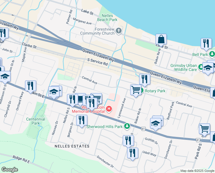 map of restaurants, bars, coffee shops, grocery stores, and more near 132 Central Avenue in Grimsby