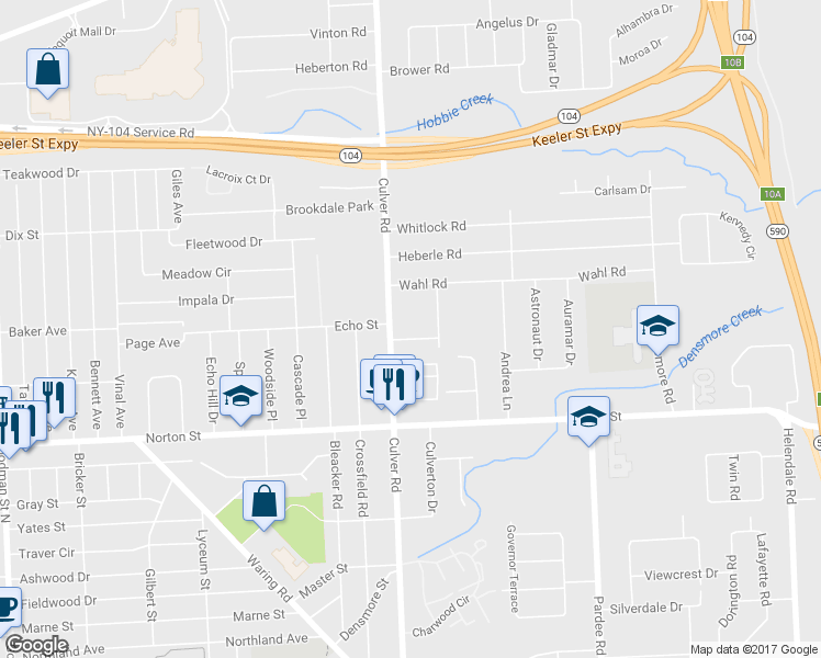 map of restaurants, bars, coffee shops, grocery stores, and more near 22 Burt Street in Rochester