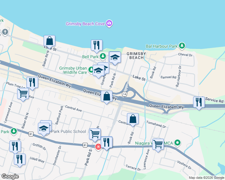 map of restaurants, bars, coffee shops, grocery stores, and more near 362 Park Road North in Grimsby