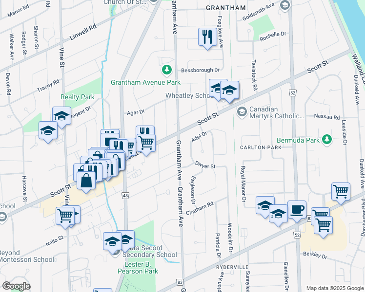 map of restaurants, bars, coffee shops, grocery stores, and more near 406 Grantham Avenue in St. Catharines